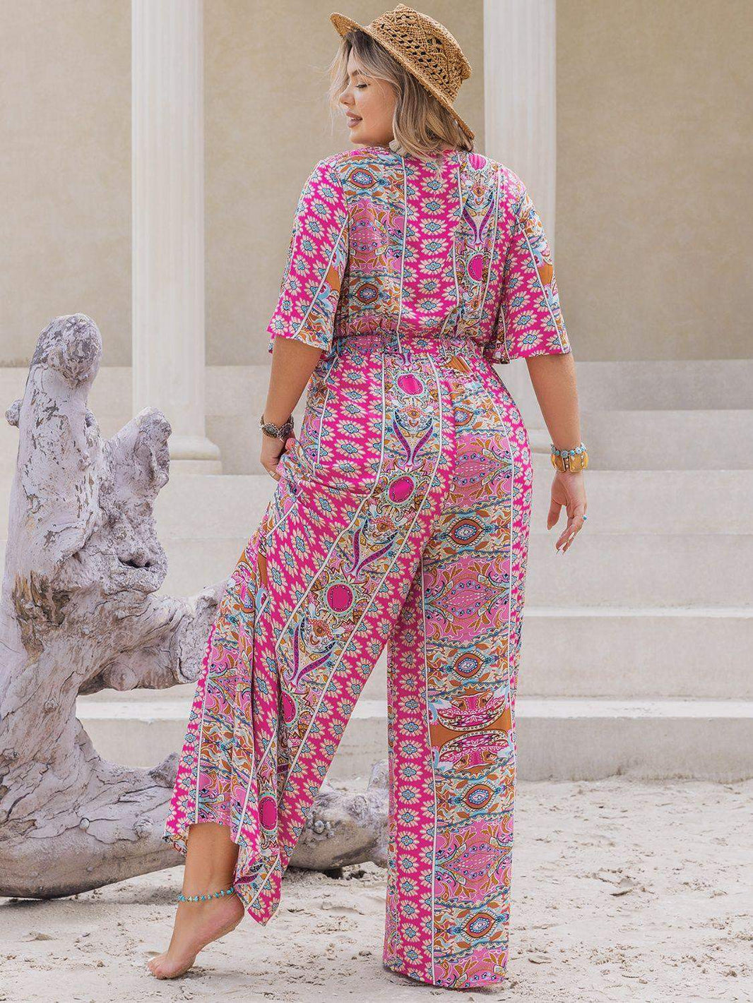 Plus Size Printed Half Sleeve Wide Leg Jumpsuit - SwagglyLife Home & Fashion